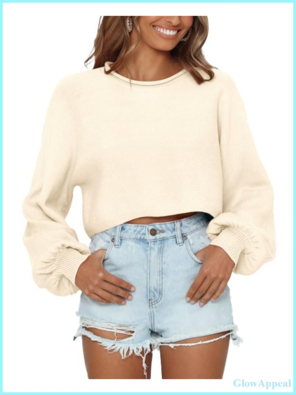 Cropped Sweater Lantern Long Sleeve Slouchy Loose Crewneck Pullover
